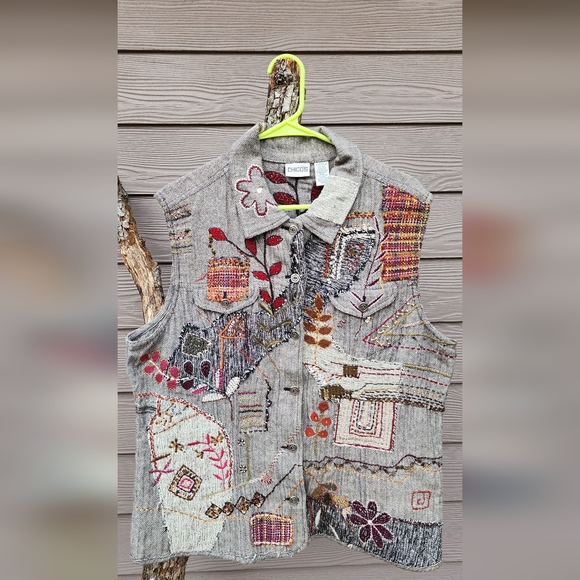 Chico's Jackets & Blazers - Chico's Embroidered Patchwork Vest — Neutral with Red & Rust Accents